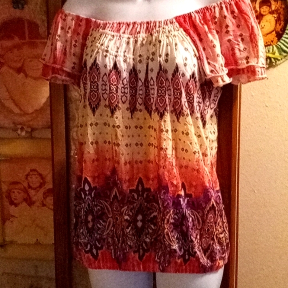 Multicolored,Tie Dyed,Tribal Print, Off Shoulder,70's Inspired,Bohemian SmockTop